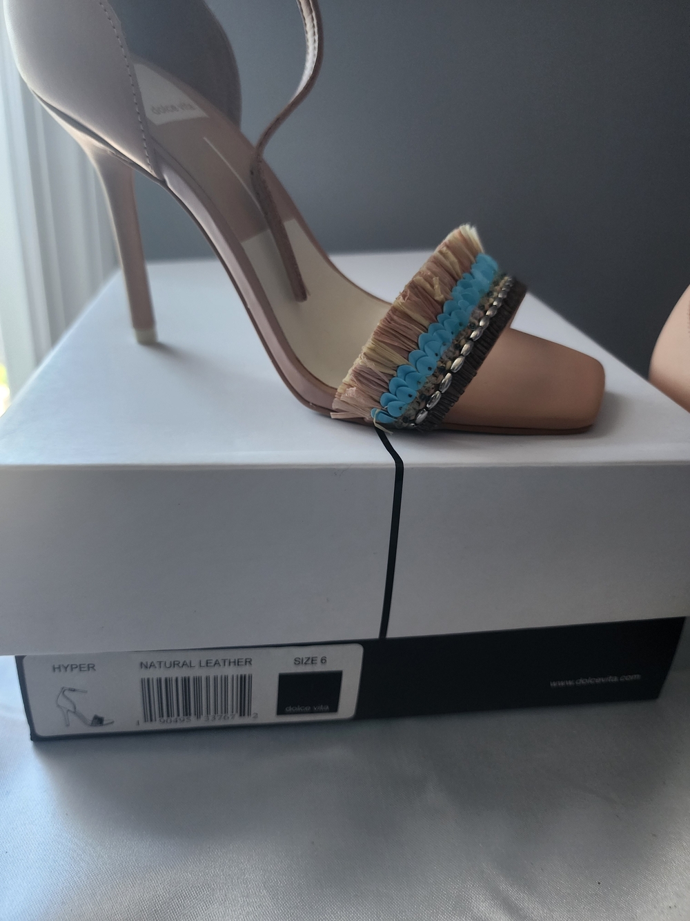 Dolce Vita Nude High Heel Sandal with Blue and Tan Fringe